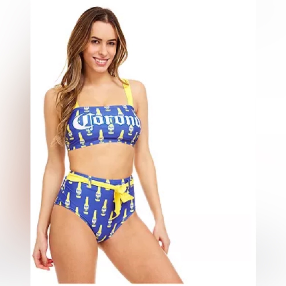 🆕 Undercurrent Bikini Set Size Small Featuring Corona Print High Waisted…